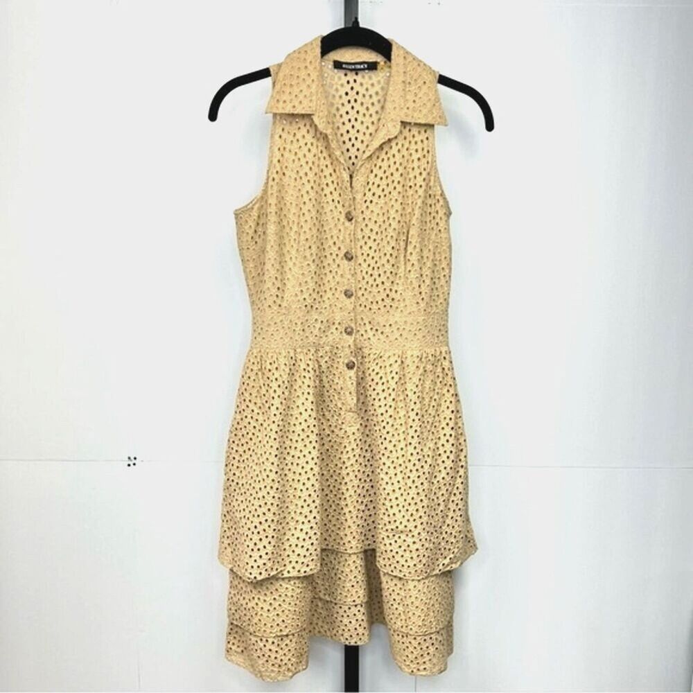 Ellen Tracy Eyelet Dress Womens 2P Tan Cotton Tiered Fit Flare Midi Shirt Dress